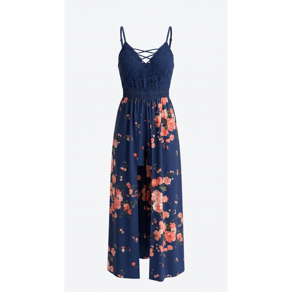 No Boundaries Navy Floral Lace Maxi Romper Dress XXL 19 Smocked Waist Slit